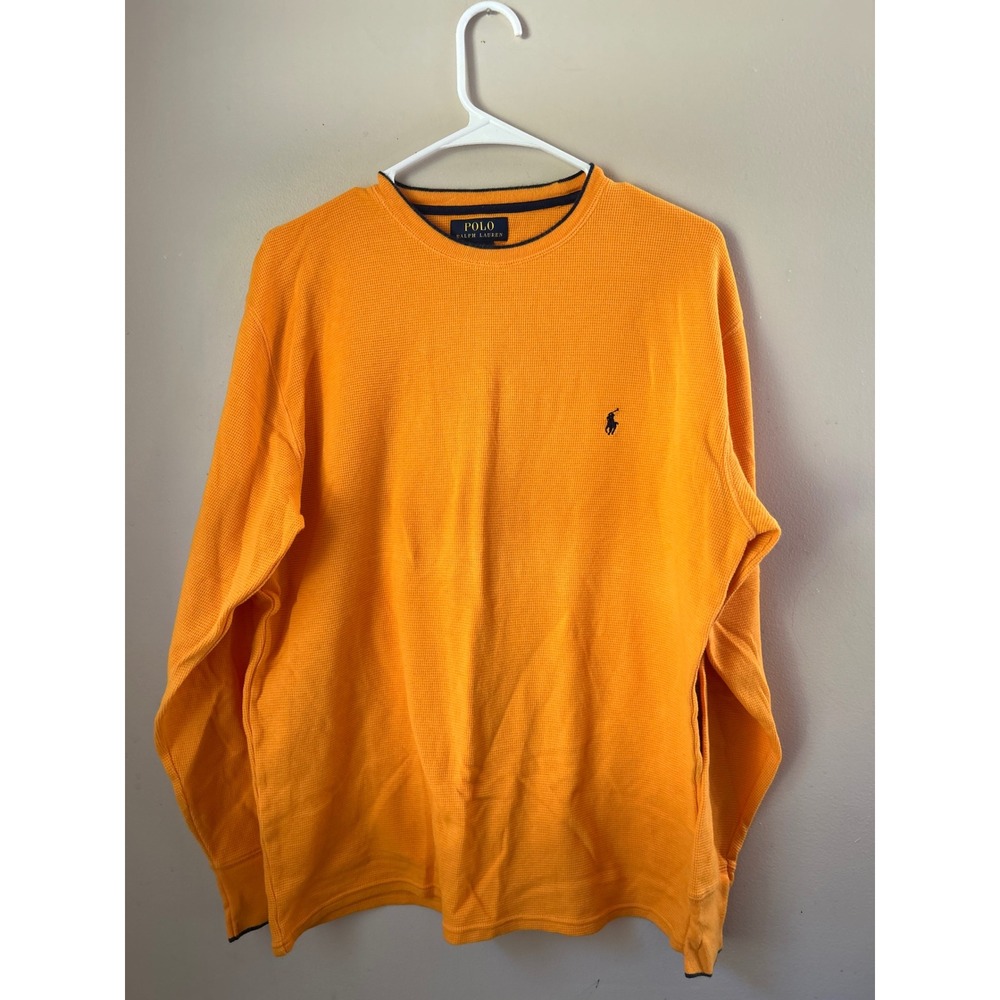 Polo Ralph Lauren‎ Mens Orange Waffle Knit Long Sleeve Shirt Retro Streetwear L